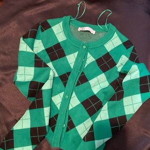 Zara Teal and Black Argyle Cardigan